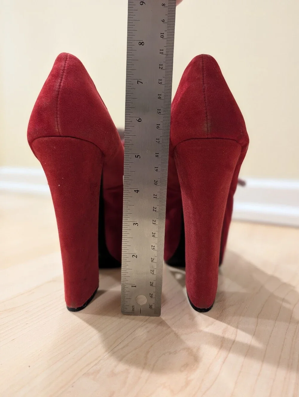 FRH Vintage 1990s vegan red suede platform sky high Mary Jane heels, Sz 8